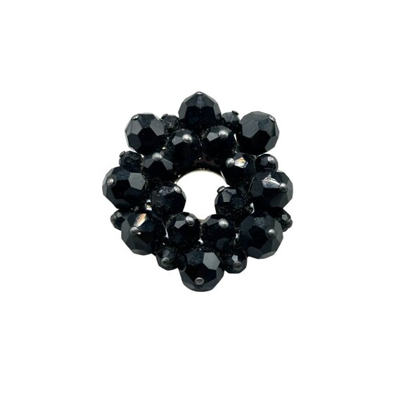 Black Beaded Brooch Cluster of Faceted Glass Beads Round Circle Wreath Design - Picture 1 of 5